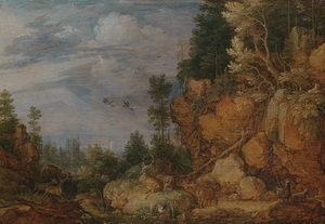 Rocky Landscape with Deer and Goats [1620] by Gillis Claesz. de Hondecoeter [circa 1575–1638]